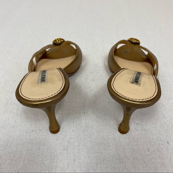 Manolo Blahnik Gold Leather Embellished Slide Sandals - Picture 4 of 8